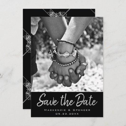 Art Deco | Geometrisch schwarz und silber Save The Date (Vorne/Hinten)