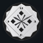 Art Deco geometrische Schwarz-Weiß-Muster Große Wanduhr<br><div class="desc">Art Deco,  stilisiert,  schwarz-weiß geometrisch in gestapelten,  3-D-Formen mit facettierten Kanten - digitale Kunst</div>