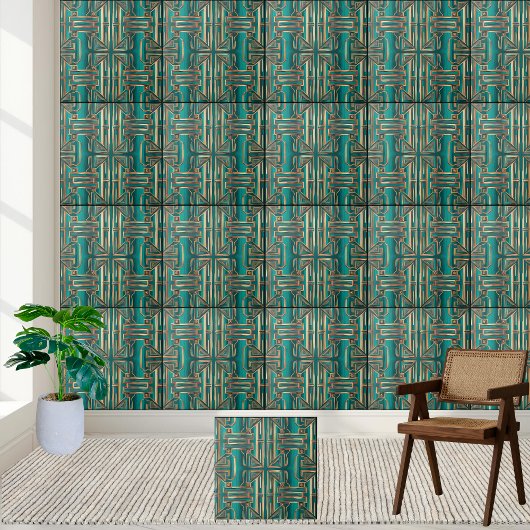 Art Deco Geometrische Tile in Aquamarin und Gold Fliese