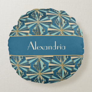 Art Deco Geometrisches Gold, Blau & Türkis Luxus G Rundes Kissen