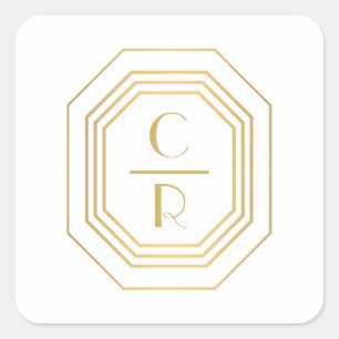 Art Deco gestapelte Monogram Logo Gold/Weiß Quadratischer Aufkleber