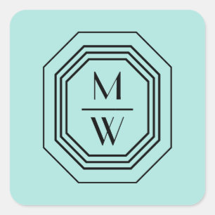 Art Deco gestapeltes Monogramm-Logo auf Mint Blau/ Quadratischer Aufkleber