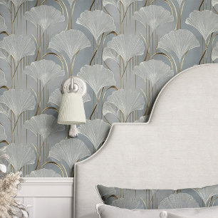Art Deco Ginkgo-Blätter auf Blau Tapete
