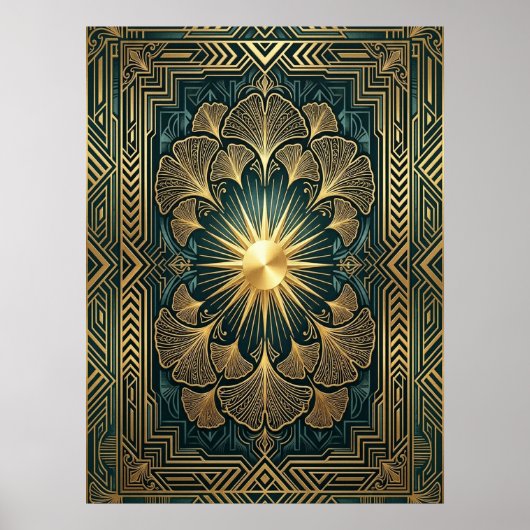 Art Deco Ginkgo Leaf Sunburst Poster | Gold Teal  (Vorne)