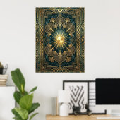 Art Deco Ginkgo Leaf Sunburst Poster | Gold Teal  (Heimbüro)