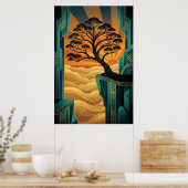 Art Deco Ginkgo Tree Ocean Cliff Gold Teal Poster (Küche)