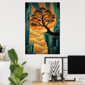 Art Deco Ginkgo Tree Ocean Cliff Gold Teal Poster (Heimbüro)