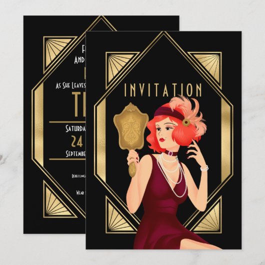 Art Deco Glam Girl 30. Geburtstag Gold Schwarz Einladung (Vorne/Hinten)