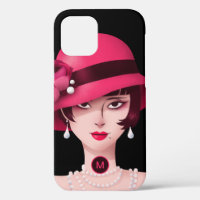 Art Deco Glam Lady Monogram Initial Schwarz Pink