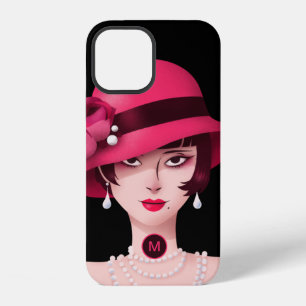 Art Deco Glam Lady Monogram Initial Schwarz Pink iPhone 12 Hülle