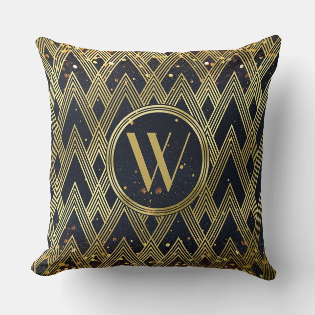 Art Deco Glamour Geometrie Muster Monogramm Kissen (Vorderseite)