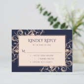 Art Deco Glamour | Navy Blue Rose Gold Ornamental RSVP Karte (Stehend Vorderseite)