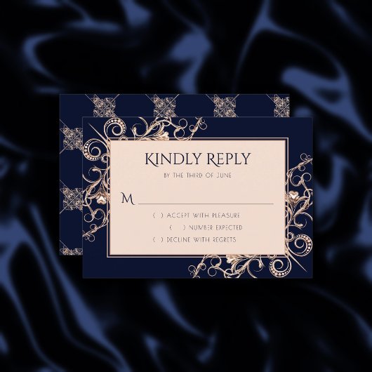 Art Deco Glamour | Navy Blue Rose Gold Ornamental RSVP Karte