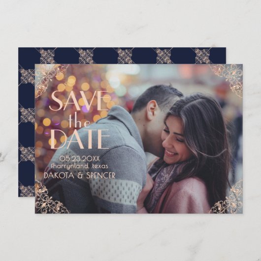 Art Deco Glamour | Navy Blue Rose Gold Ornamental Save The Date (Vorne/Hinten)