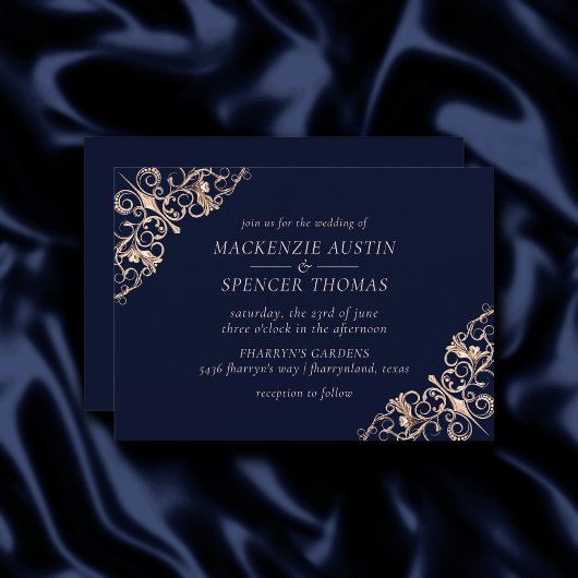 Art Deco Glamour | Navy Blue Rose Gold Wedding Einladung