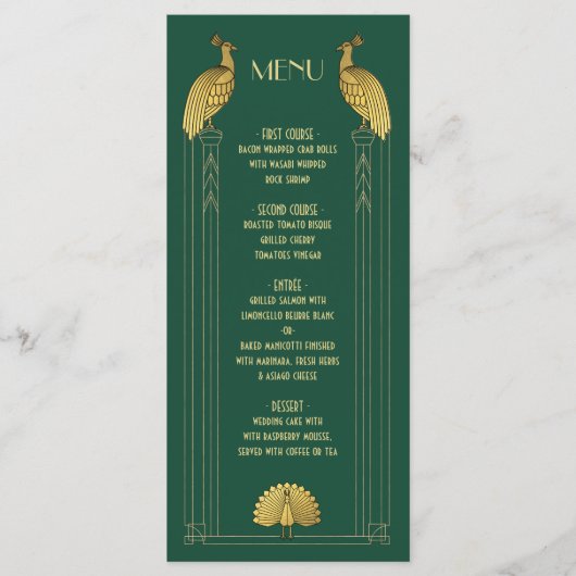Art Deco Gold and Geen Peacock Wedding Menükarte (Vorderseite)