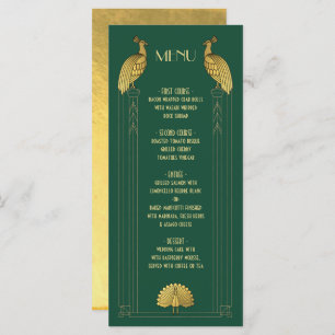 Art Deco Gold and Geen Peacock Wedding Menükarte