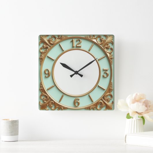 Art Deco Gold and Mint Quadratische Wanduhr (Zuhause)