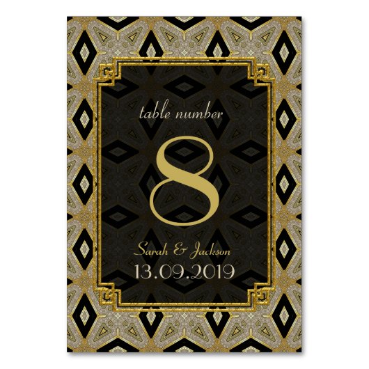 Art Deco Gold Black Diamond Wedding Tischnummer (Vorderseite)