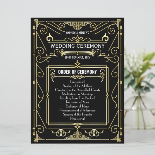 Art Deco Gold Black Entourage Orden der Feier Programm (Stehend Vorderseite)