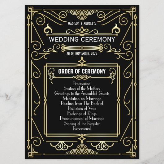 Art Deco Gold Black Entourage Orden der Feier Programm (Vorderseite)