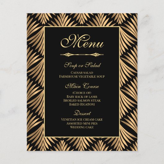Art Deco Gold Black Great Gatsby Wedding Menü (Vorderseite)