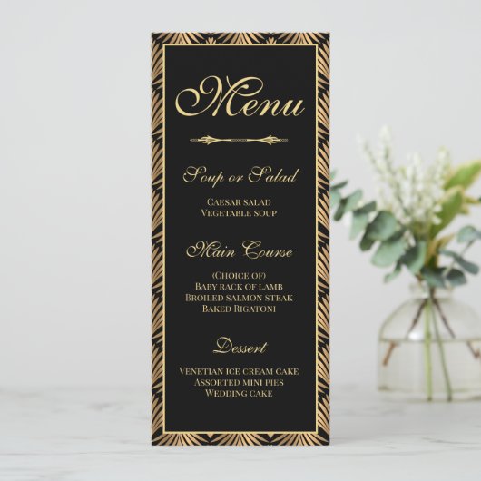 Art Deco Gold Black Great Gatsby Wedding Menü Einladung (Stehend Vorderseite)