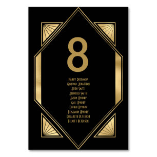 Art Deco Gold Black Wedding Guest Names Tischnummer