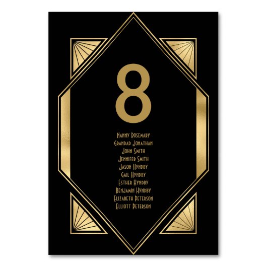 Art Deco Gold Black Wedding Guest Names Tischnummer (Rückseite)