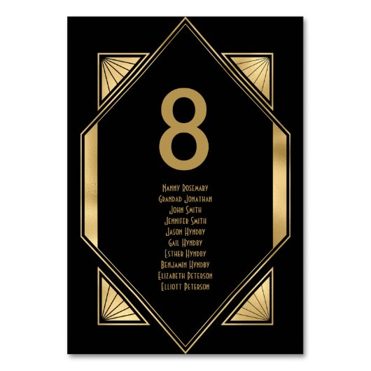 Art Deco Gold Black Wedding Guest Names Tischnummer (Vorderseite)