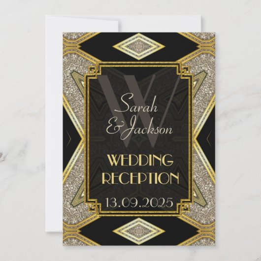 Art Deco Gold Black Wedding Reception Einladungen (Vorderseite)