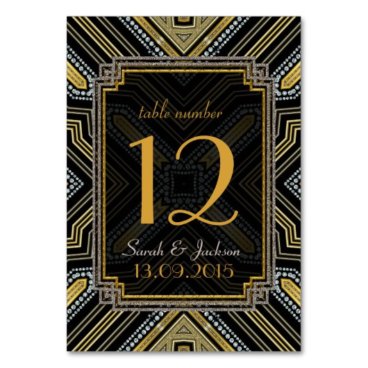 Art Deco Gold Black Wedding Tischnummer Card (Vorderseite)