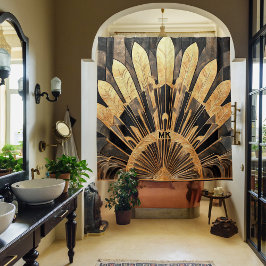 Art Deco Gold Black Your Monogram Sunburst Motif Duschvorhang