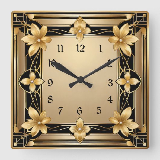 Art Deco Gold Blume Quadratische Wanduhr (Vorderseite)