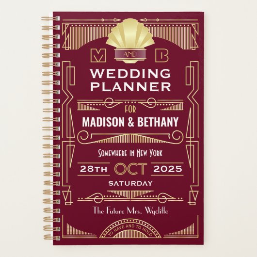 Art Deco Gold Burgundy Gatsby Wedding Planer (Vorderseite)