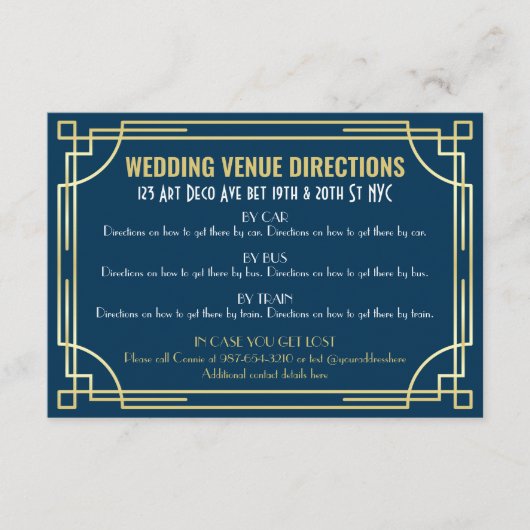 Art Deco Gold Dark Blue Wedding Map Wegbeschreibun Begleitkarte (Vorderseite)