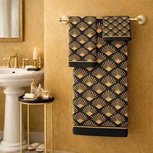 Art Deco Gold Fächer Muster Dunkelbraun Badhandtuch Set