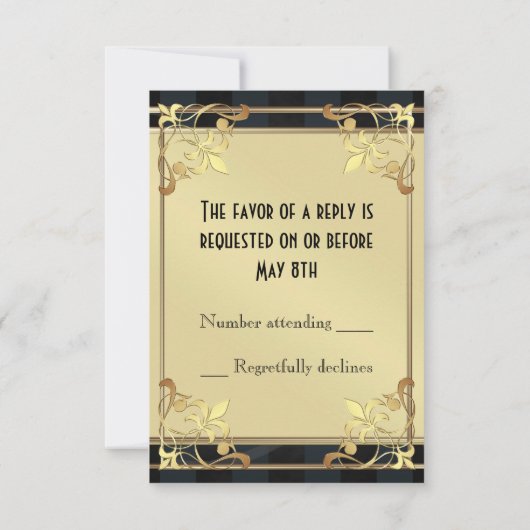 Art Deco Gold Filigree Black UAwg RSVP Karte (Rückseite)