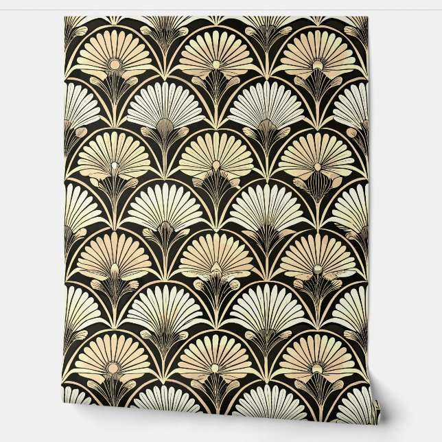 Art Deco Gold Floral Fan Accent Wall Tapete (Abrollen)