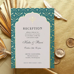 Art Deco Gold Floral Lotus Hochzeitsempfang Folieneinladung