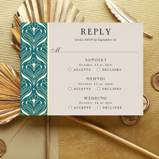 Art Deco Gold Floral Wedding Multi Event RSVP Card Folie Einladungspostkarte
