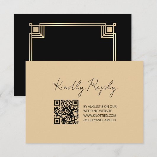 Art Deco Gold Frame QR Code Wedding Response Card RSVP Karte (Vorne/Hinten)