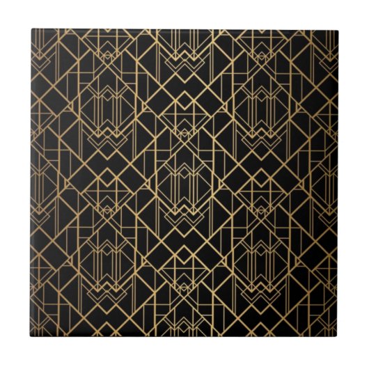 Art Deco Gold Geometric Pattern on Black Fliese (Vorderseite)