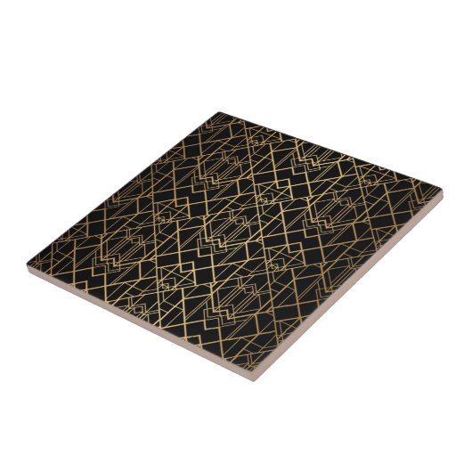 Art Deco Gold Geometric Pattern on Black Fliese (Seite)