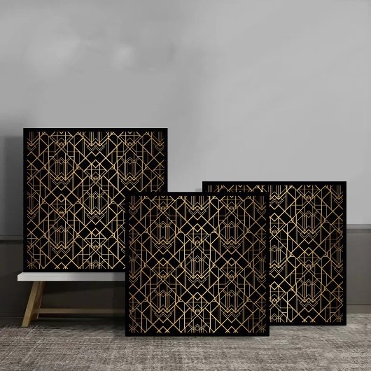Art Deco Gold Geometric Pattern on Black Fliese