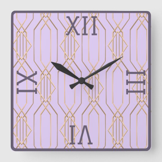 Art Deco Gold, Lavendel und Plum Square Wall Clock Quadratische Wanduhr (Vorderseite)