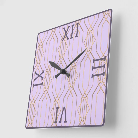 Art Deco Gold, Lavendel und Plum Square Wall Clock Quadratische Wanduhr (Winkel)