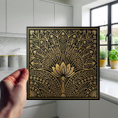 Art Deco Gold Lotus Black Geometric Pattern Fliese