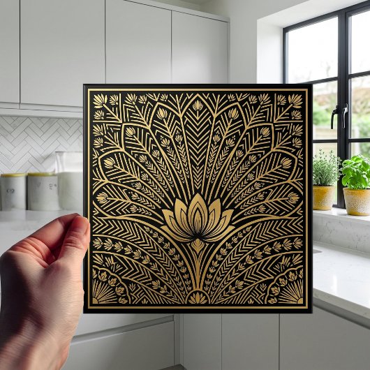 Art Deco Gold Lotus Black Geometric Pattern Fliese