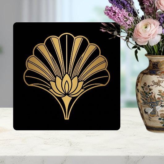 Art Deco Gold Lotus Fan Black Ceramic Tile Fliese